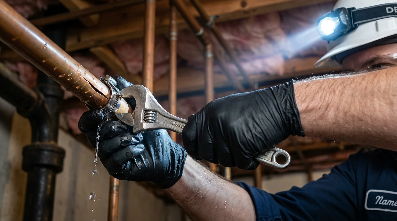 Emergency pipe clamp repair being performed by a Johns Plumbing LLC plumber in Homer
