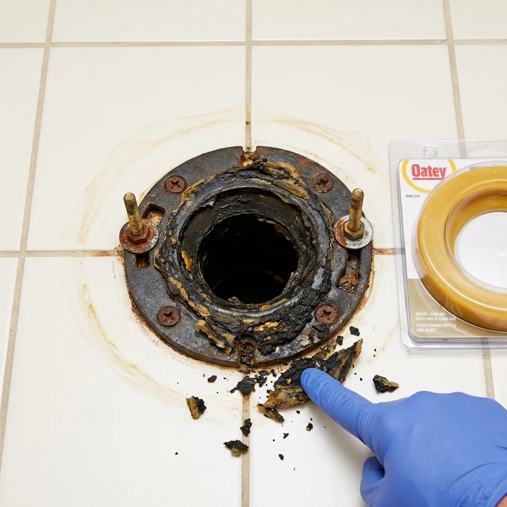 Failed wax ring showing water seepage at the base of a toilet in a Homer, IL home