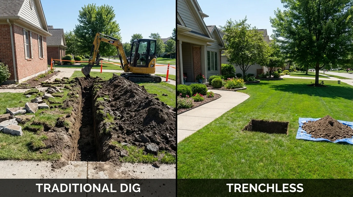 Trenchless sewer repair with minimal yard damage versus traditional excavation in Homer, IL