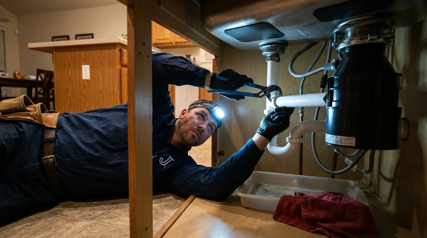 P-trap and supply line connections under a kitchen sink showing a common leak point in Homer, IL